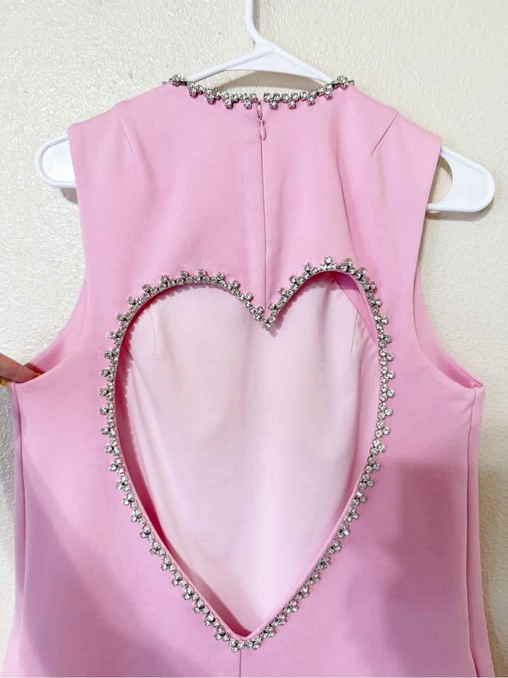 AREA Embellished Powder Pink Crystal Heart Back Open Cutout Mini Dress NEW - Picture 9 of 15